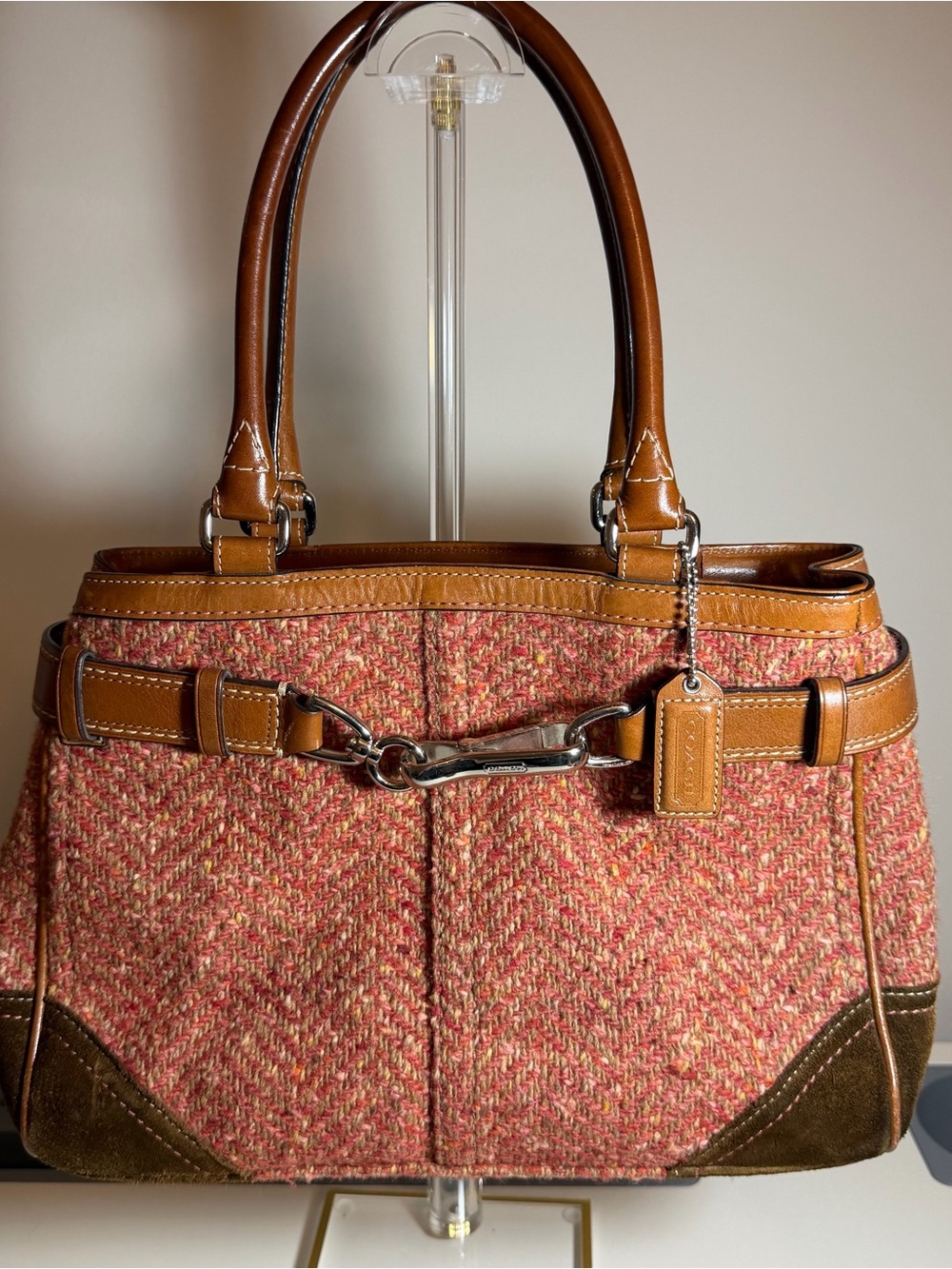 Coach Hampton Carryall Shoulder Bag Orange and Pink Tweed Brown Suede